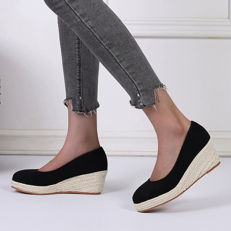 Весенне-осенняя Однослойная обувь Amazon на танкетке на высоком каблуке с круглым носком и мелким ртом, женская Соломенная плетеная пеньковая веревка, нижняя часть AliExpress, трансграничная Внешняя торговля