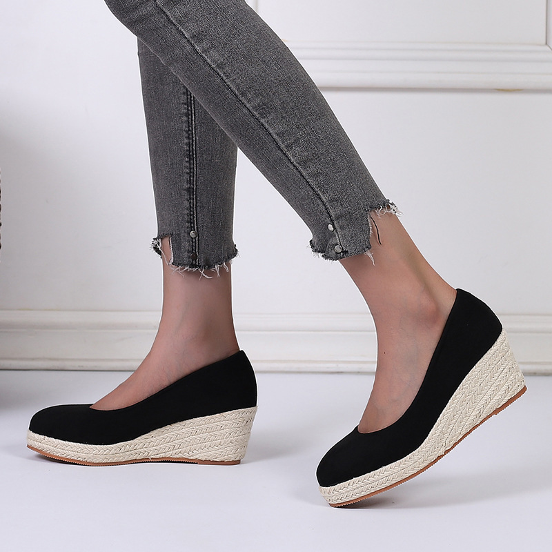Amazon spring and autumn wedge platform high heel round toe shallow mouth single-layer shoes women's straw woven hemp rope bottom AliExpress cross-border foreign trade