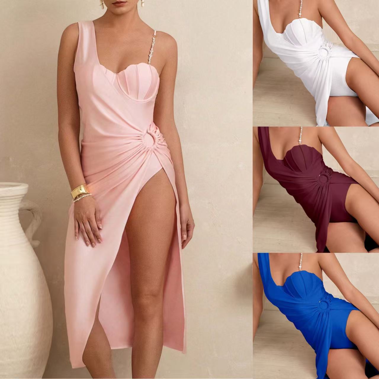 European and American One-Piece Swimsuits, Feminine Suspender Swimsuits, Two-Piece Sets, Cross-Border Amazon Solid Color One-Shoulder Foreign Trade Swimsuits