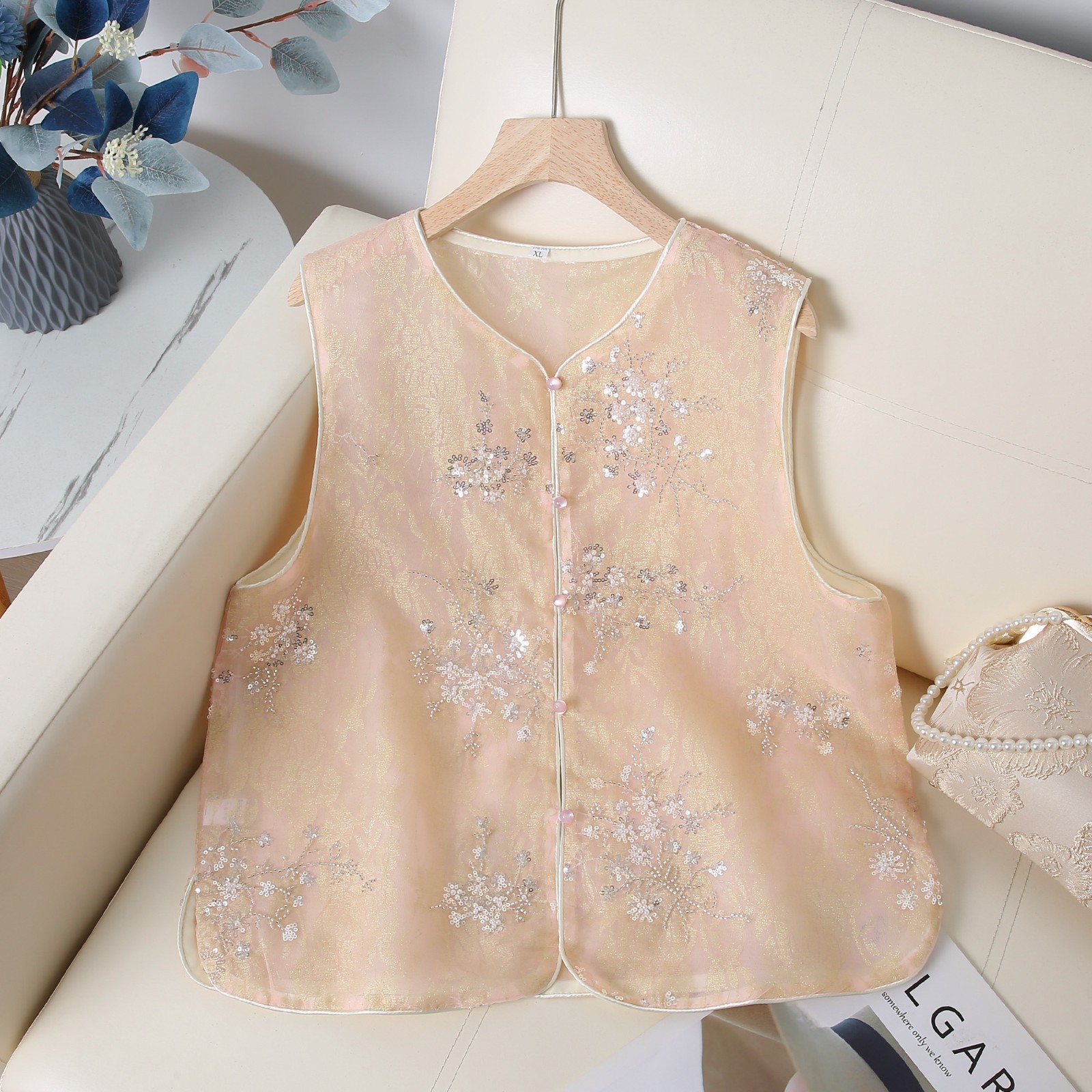 2025 Summer New Chinese Style Heavy Embroidery Sequin Jacquard Shirt Women's Loose Vest