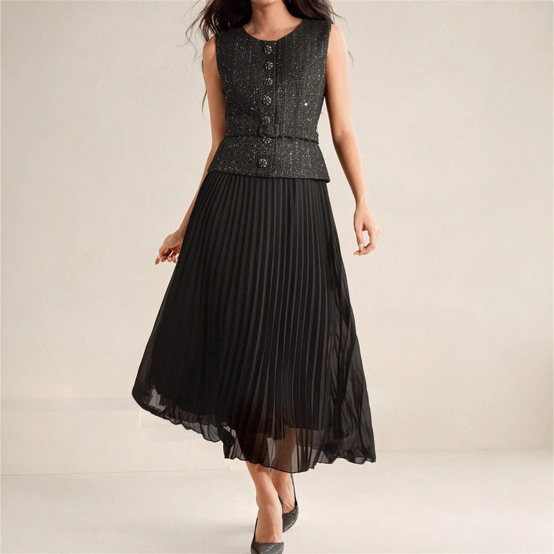 2025 Cross-Border European and American Export Women's Fashion Elegant A-Line Pleated Dress with Belt Ready for Sale