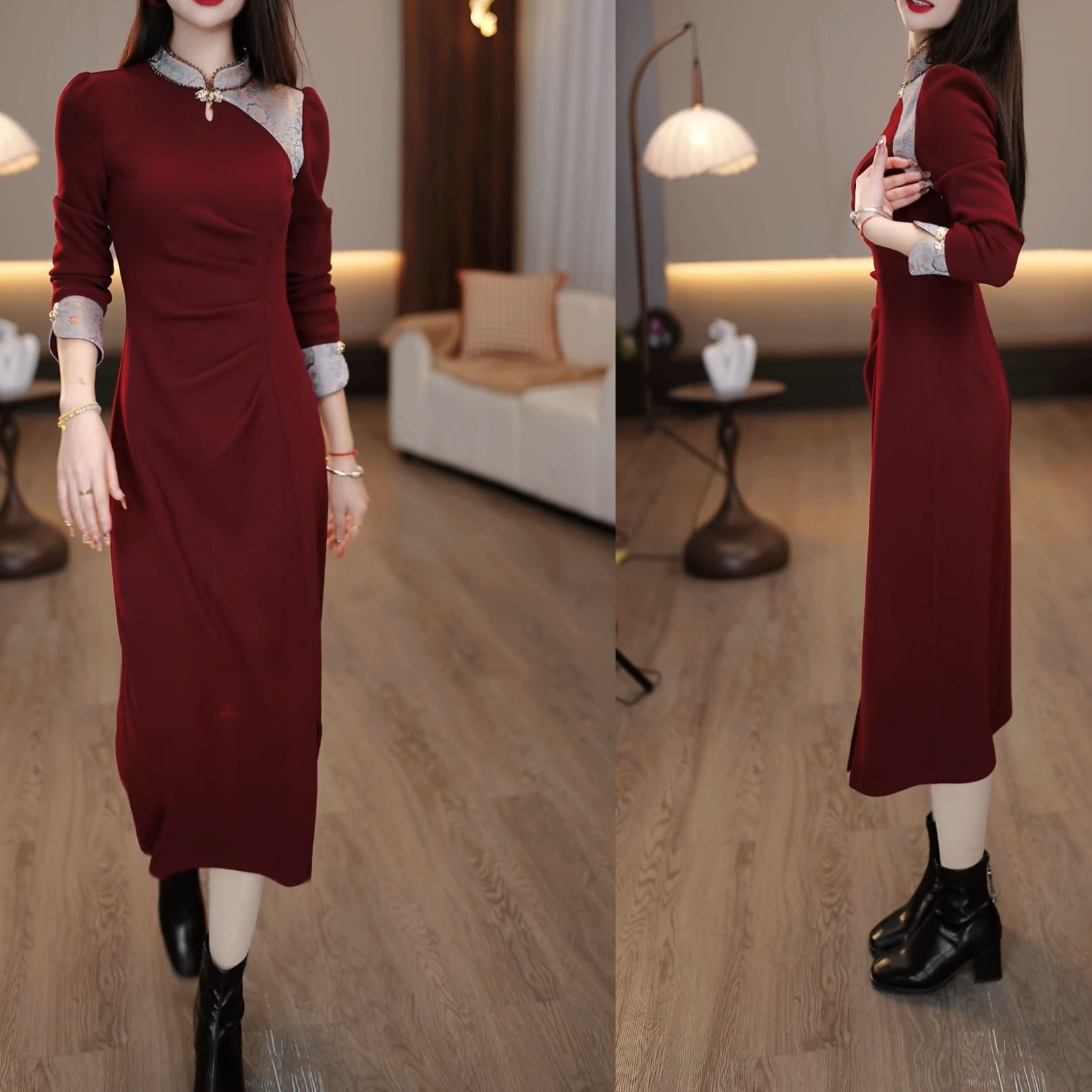 Demi-season red cheongsam