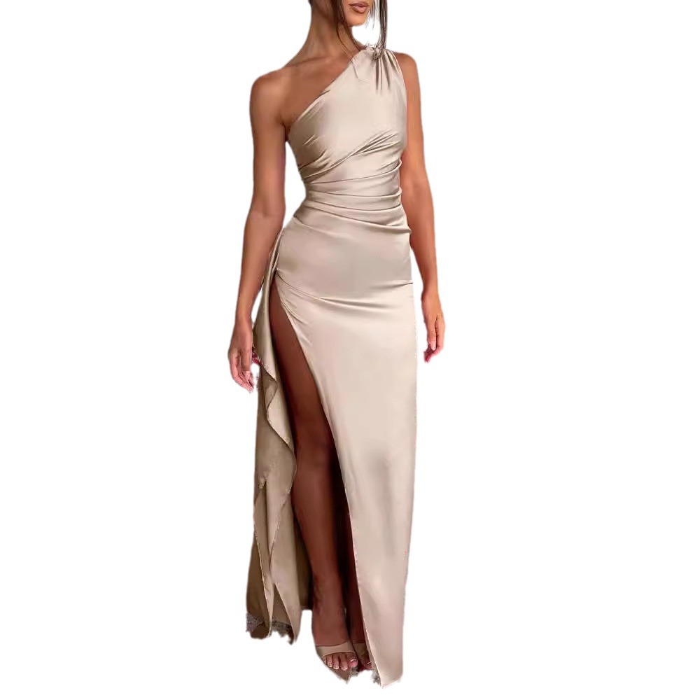 Otoño e invierno europeo y americano Comercio exterior nueva ropa de mujer Amazon sin mangas cabestrillo cuello dama de honor vestido sin espalda delgada vaina