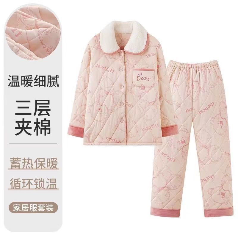 睡衣三层加厚棉夹棉冬季长袖棉袄保暖套装大码妈妈中青年家居服