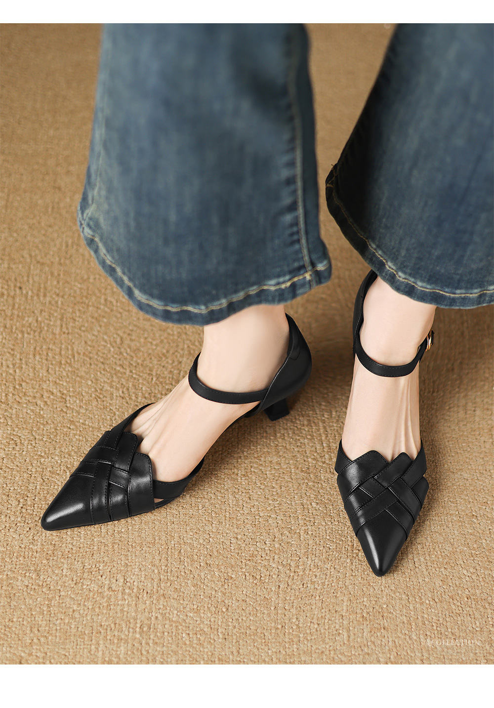 Giày sandal cao gót nữ quai ngang mũi nhọn da cừu gót 5,5 cm — đen chi tiết 9