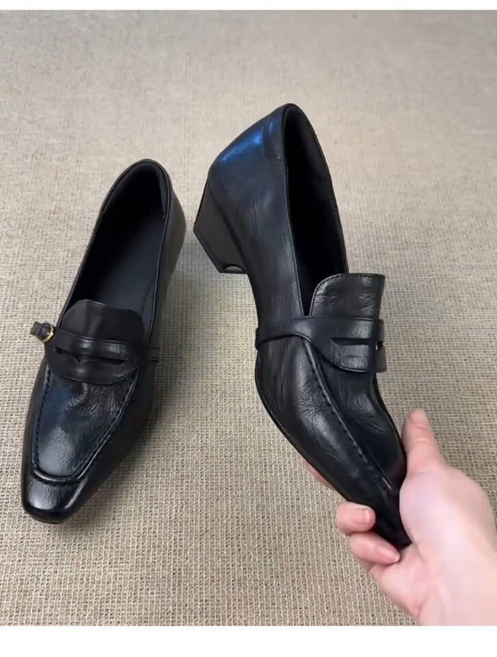 Giày lười nữ da bò mũi vuông gót thô 4 cm phong cách retro, khóa cài, giày công sở xỏ chân — Màu nâu (4cm) hàng có sẵn, Màu đen (4cm) hàng có sẵn chi tiết 2