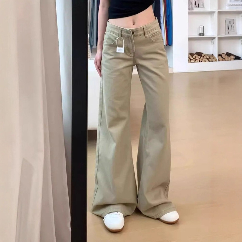 美式复古卡其色低腰微喇牛仔裤女秋季新款百搭宽松显瘦阔腿长裤子|undefined