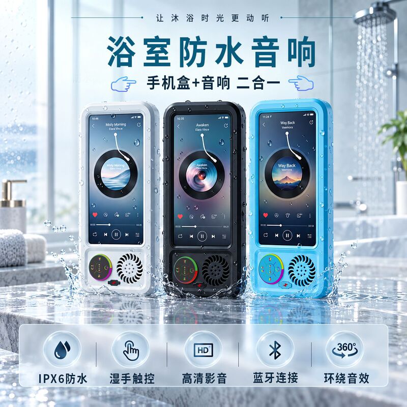 New waterproof touch-screen Bluetooth speaker for the bathroom, a convenient and portable home speaker that can be fixed in place