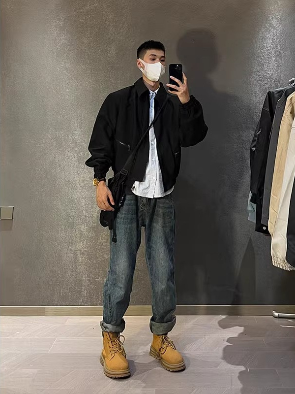 cleanfit短款工装飞行员夹克男春秋季痞帅高级感垫肩美式机车外套|undefined