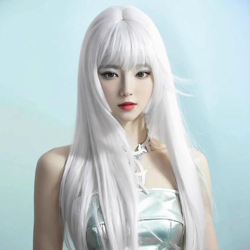 Ebay Japanese and Korean Girl Group Long Straight Hair Wig White Princess Cut Long Hair Cosplay Chemical Fiber Headgear Spot Wholesale