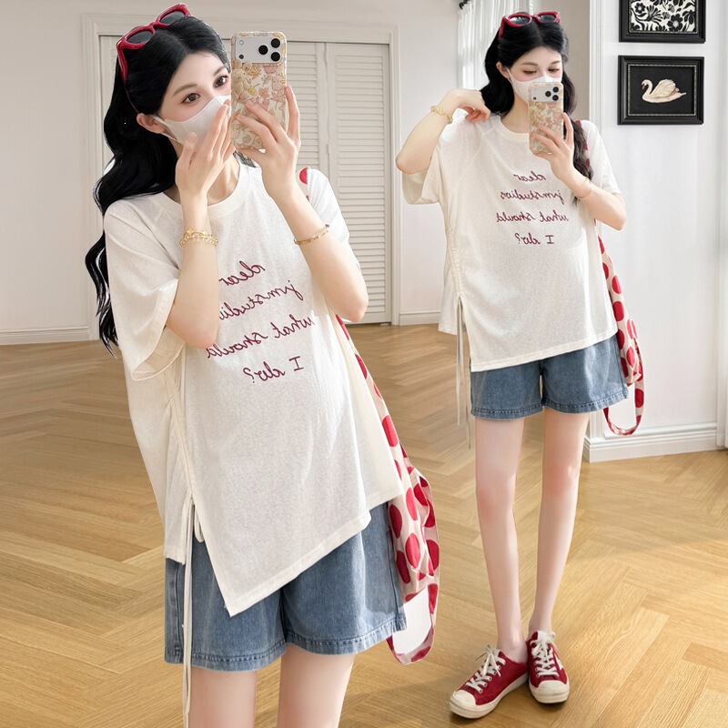 Maternity Tops Korean Style Round Neck Printed Casual Loose Fit Regular Shoulder Base Shirt to Cover the Belly and Make You Look Slimmer Short-Sleeve T-Shirt Top Maternity Tops Korean Style Round Neck Printed Casual Loose Fit Regular Shoulder Base Shirt to Cover the Belly and Make You Look Slimmer Short-Sleeve T-Shirt Top