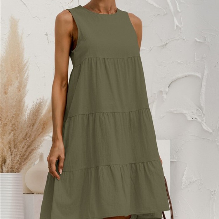 Wish Aliexpress 2025 Summer Cross-Border New Round Neck Sleeveless Splicing Large Size Cotton and Linen Dress in Stock Wish Aliexpress 2025 Summer Cross-Border New Round Neck Sleeveless Splicing Large Size Cotton and Linen Dress in Stock