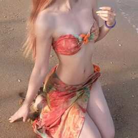 跨境欧美风新款印花泳装性感抹胸开叉长裙比基尼三件套分体泳衣女