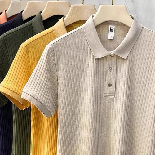 Men's Summer Striped Lace Knit Breathable Ice Silk T-shirt, Versatile Color, Comfortable Polo Shirt, Men's Base Shirt