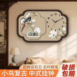 中古风餐厅装饰画表高档客厅背景墙挂画复古花鸟钟表万年历石英钟