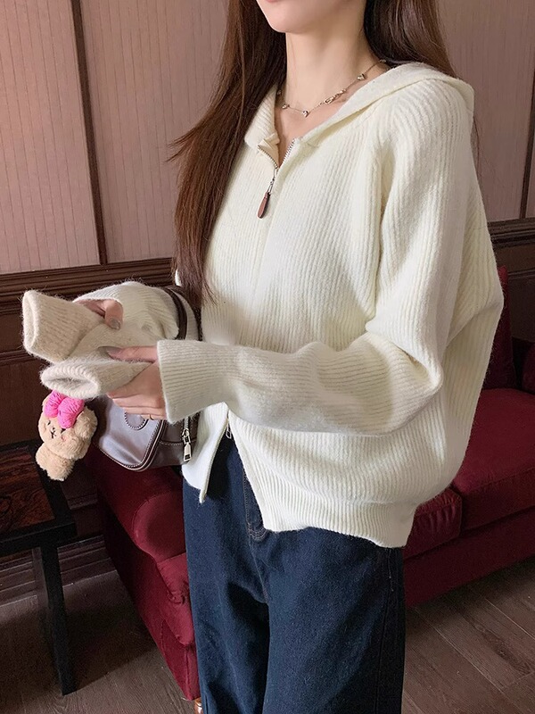 韩系宽松慵懒风坑条连帽双拉链针织衫外套秋冬装洋气百搭毛衣开衫|undefined