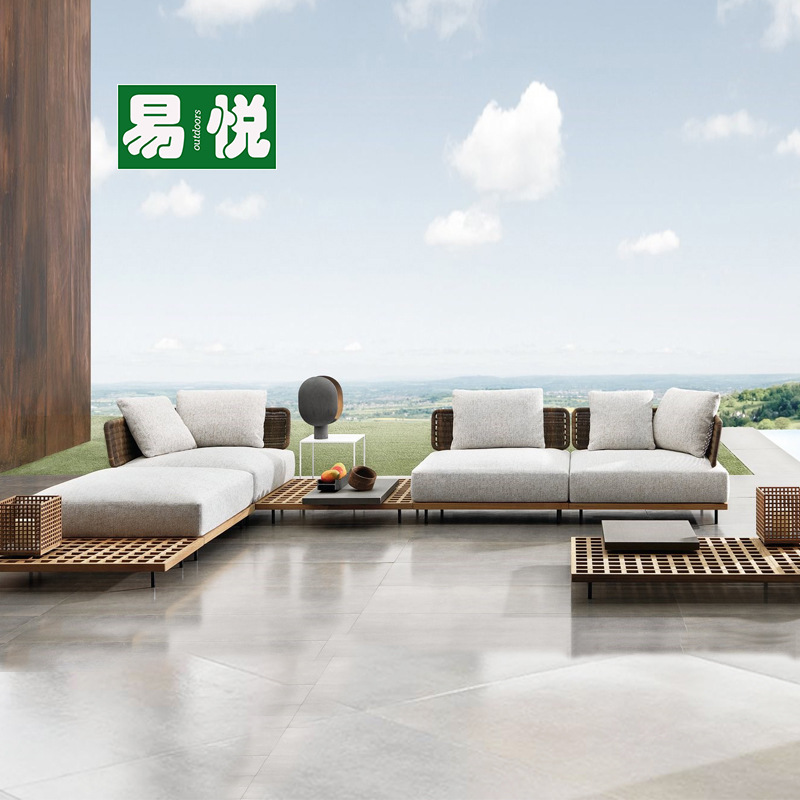 Villa ocio combinación de sillas de caña mesa de té de madera maciza al aire libre jardín patio sala modelo sofá sofá de teca al aire libre