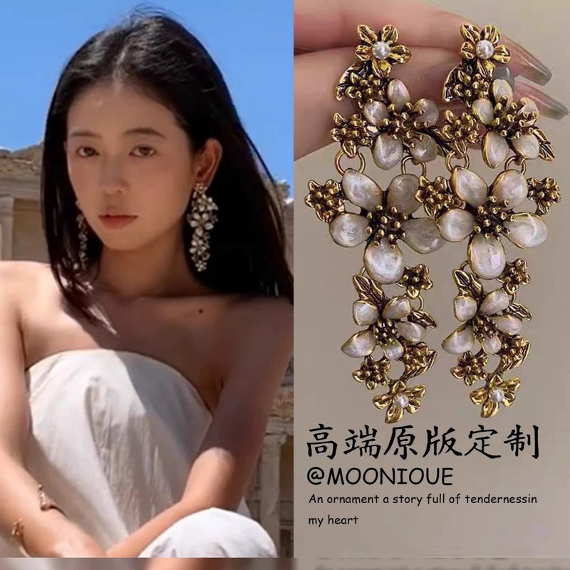 复古做旧金属小花朵长款耳环女款轻奢高级感流苏耳钉时尚百搭耳饰|undefined