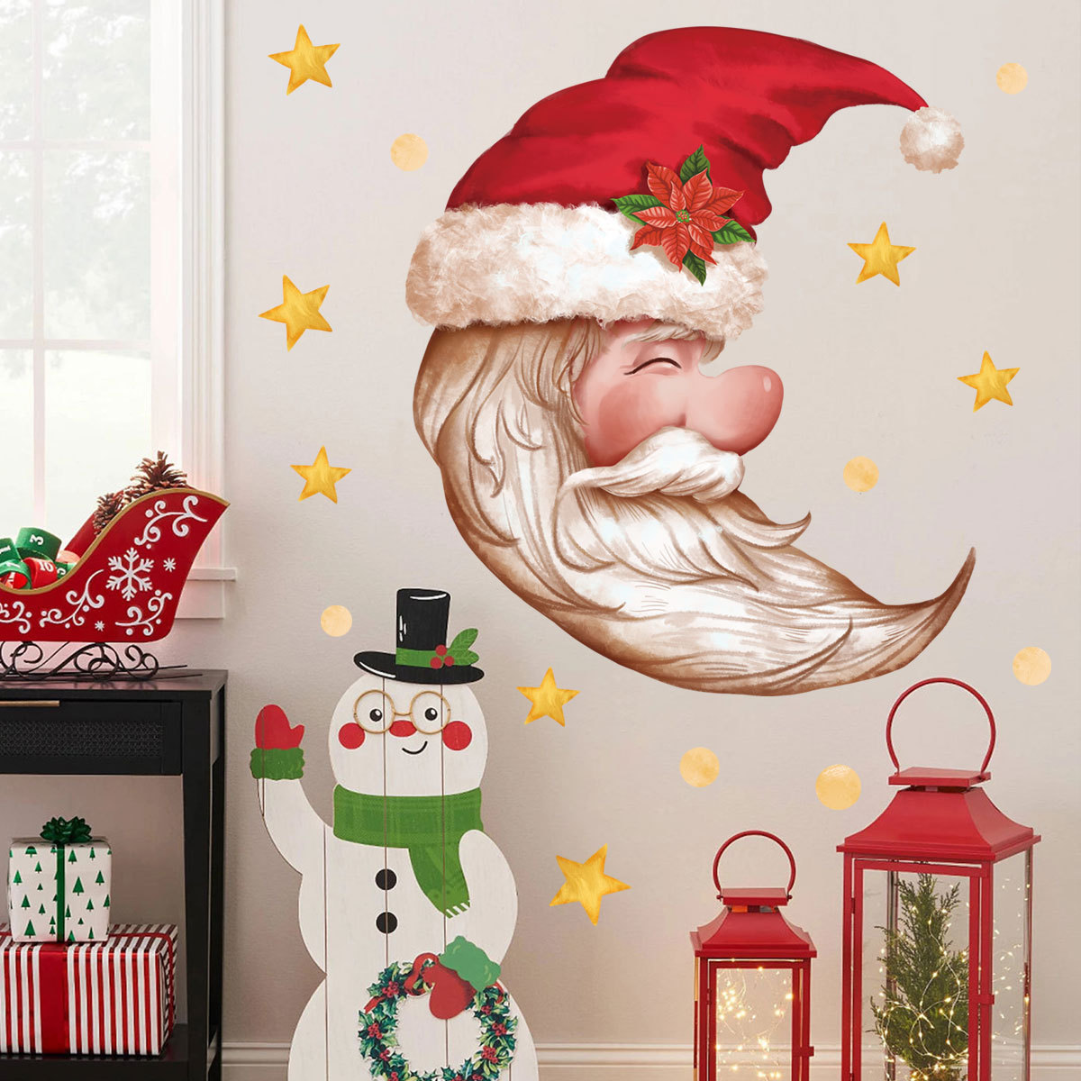 Adesivo de parede natalino gnomo pai natal lua para quarto_voghion.com