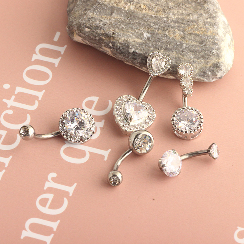 Stainless Steel Heart Navel Ring with Copper Inlaid Zircon - Rose Gold Belly Button Jewelry detail image 7