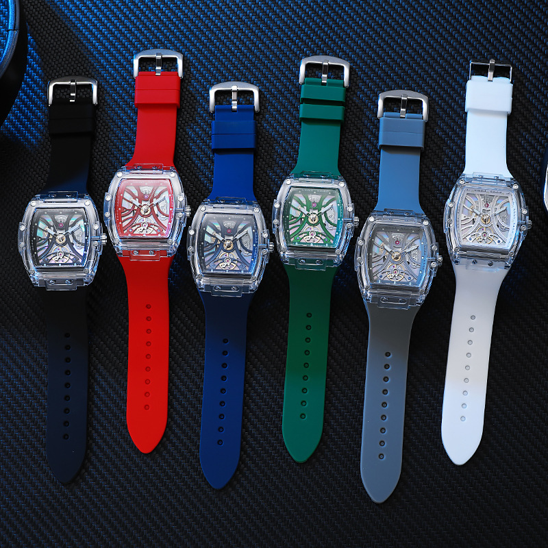 New foreign trade model barrel-shaped men's transparent quartz watch, fashionable multifunctional quartz wristwatch for teenagers and students