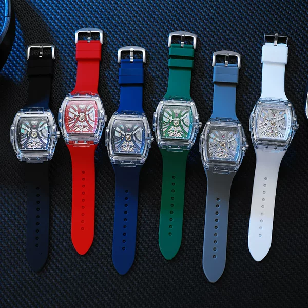 New foreign trade model barrel-shaped men's transparent quartz watch, fashionable multifunctional quartz wristwatch for teenagers and students