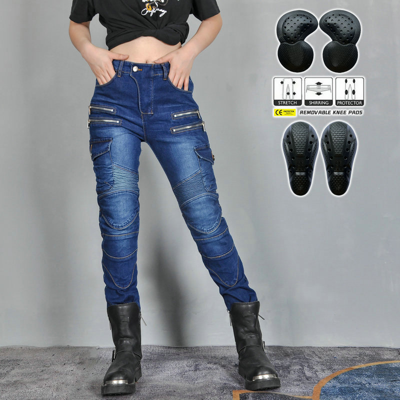 Pantalones vaqueros de la motocicleta VOLERO Knight stretch motocicleta pantalones de montar retro personalizado casual pantalones resistentes a la caída de las mujeres