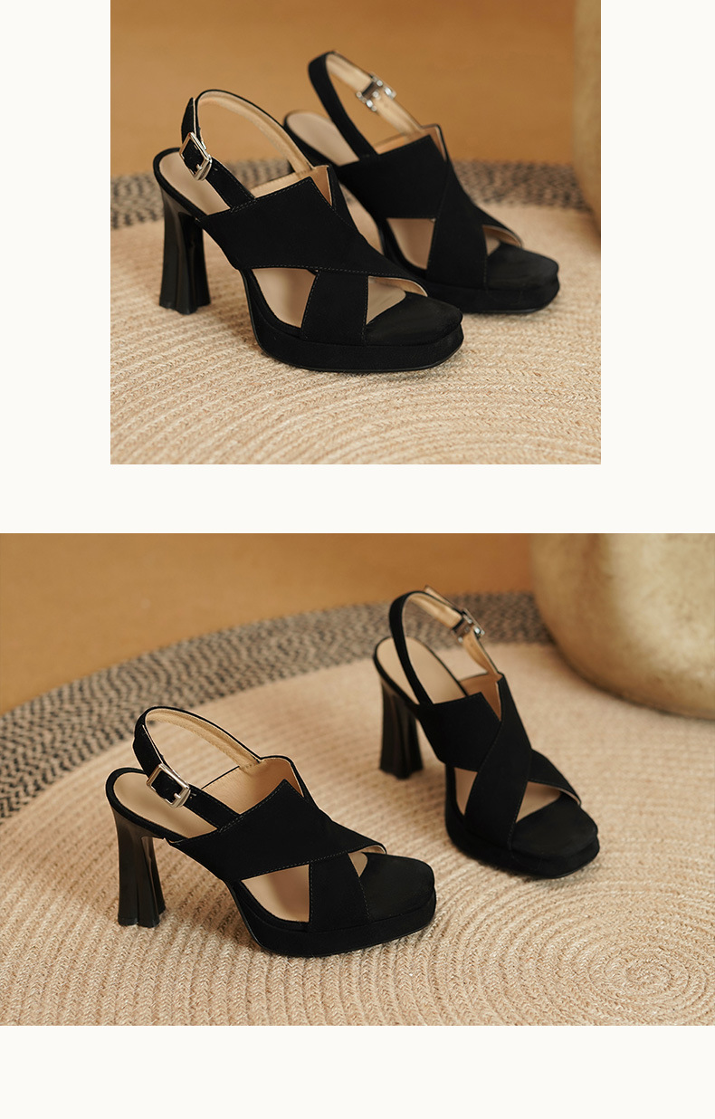 Sandal cao gót nữ hở mũi quai ngang phong cách La Mã, gót 11 cm, da cừu mờ — Màu đen, Màu mơ chi tiết 6