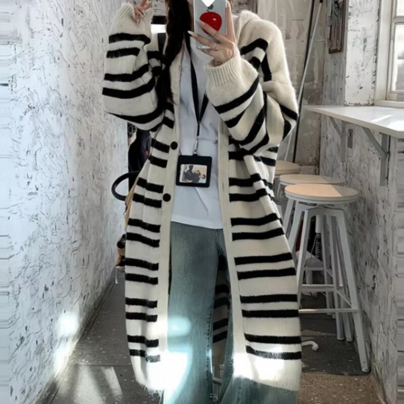 韩系条纹中长款毛衣开衫外套女2025秋冬季慵懒风小众别致针织上衣|undefined