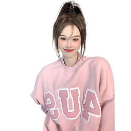American Retro Style 4US Fleece Lined Thick Sweatshirt with Letter Print Personalized Sweet & Salty Colorway Loose Round Neck Sweatshirt for Women