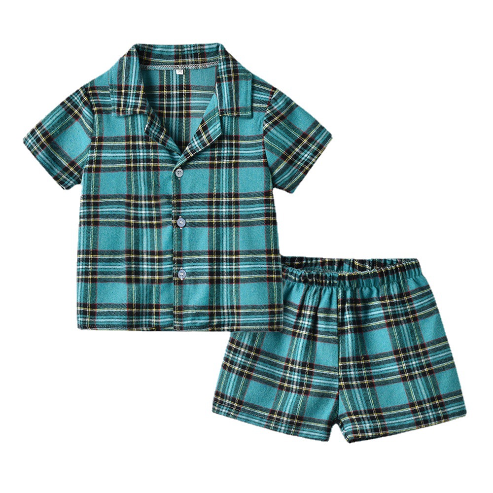 Nuevo producto traje de pijama 204 camisa de doble velo a cuadros de manga corta de verano pantalones cortos casuales ropa de hogar para niños niños