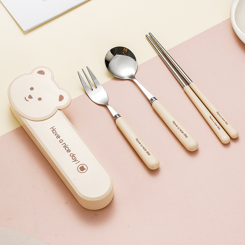 304ステンレス携帯食器三点セット箸スプーンフォーク高颜値学生かわいい食器セット|undefined
