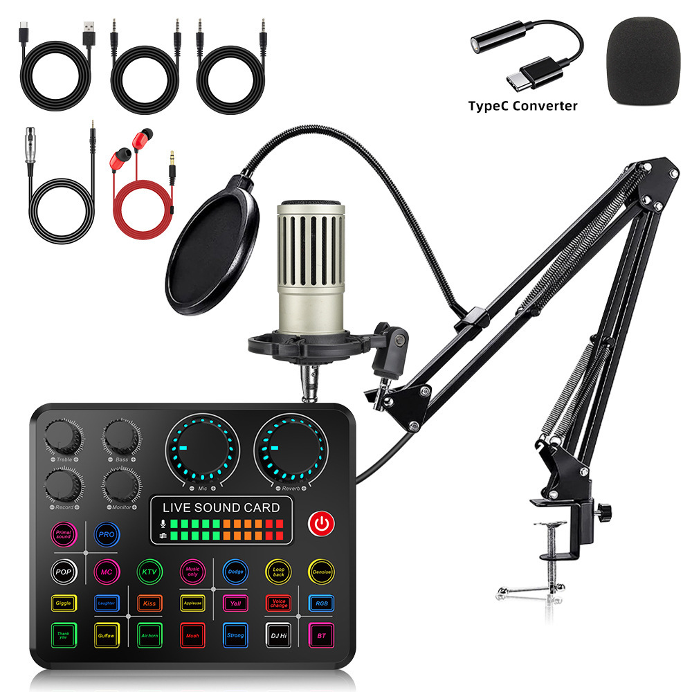 Cross-Border Condenser Microphone Mobile Phone English V8S Sound Card Computer Podcast Typec Live Broadcast Full Set