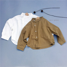 儿童棉麻衬衫2025春秋季新款韩版纯色不规则领长袖儿童棉麻衬衫潮