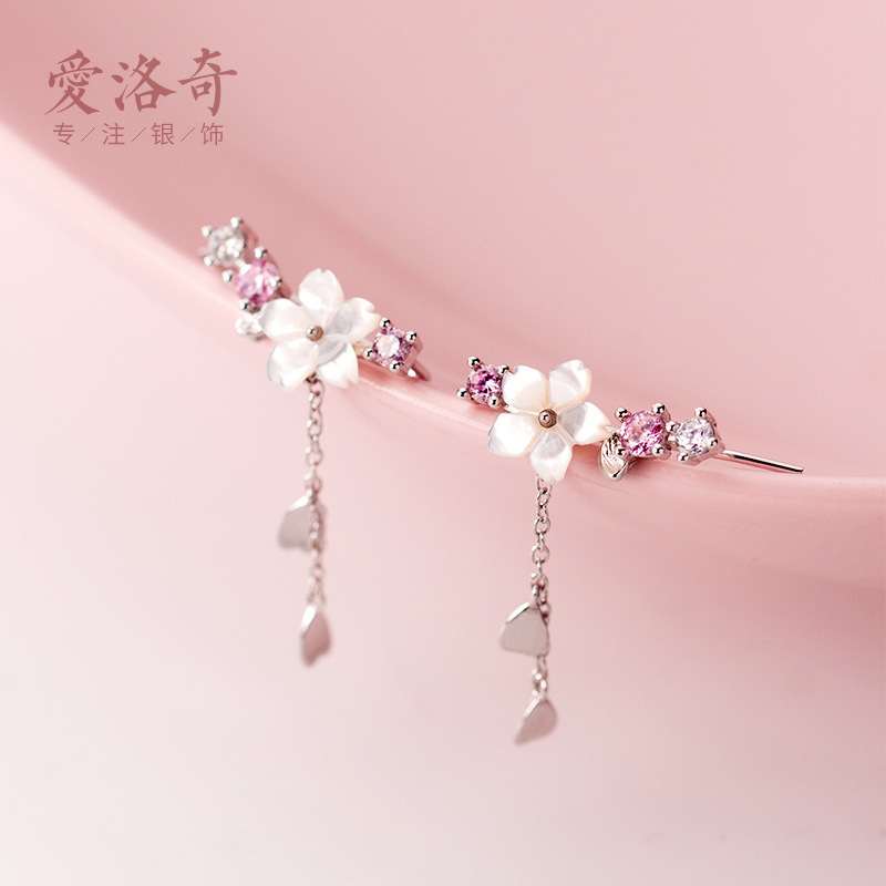 S925 gancho de auriculares de plata para mujeres coreanas conchas de flores de cinco pétalos con diamantes adornos de amor pendientes de bordilla pendientes de orejas G5389