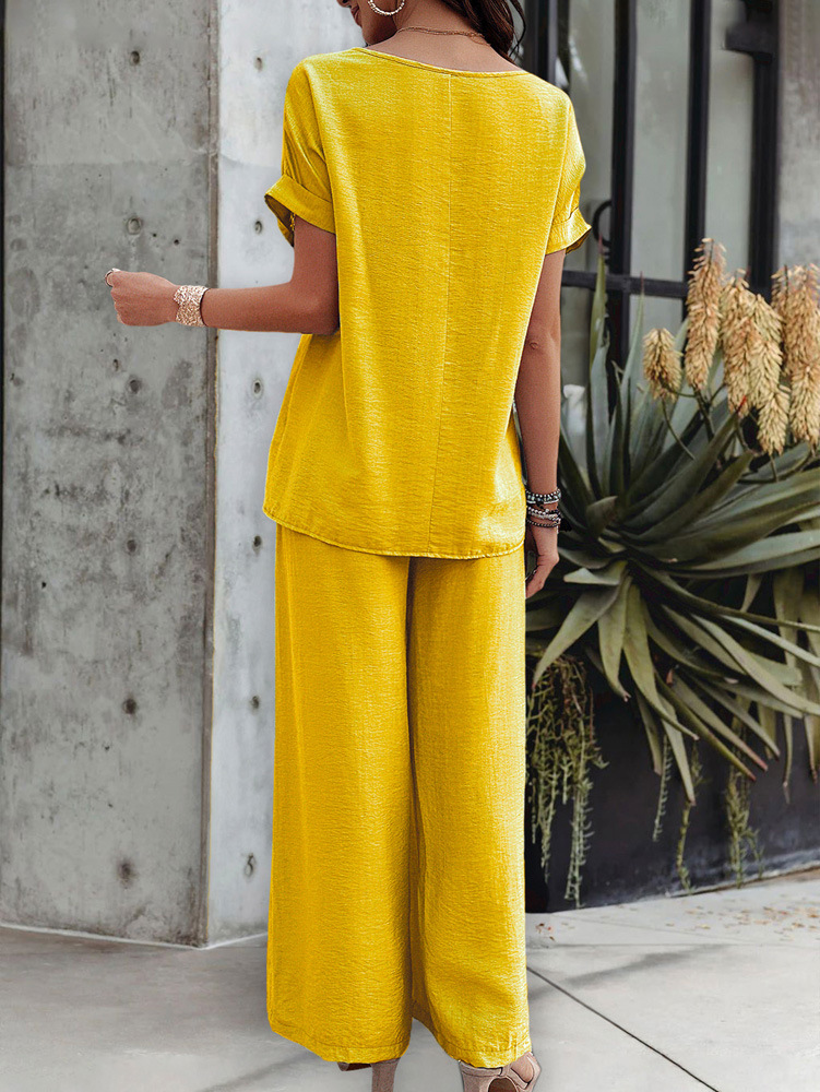 455g Weight Half Sleeve, Half Sleeve Sleeve Length Spandex, Polyester Fabric Type Low Waist Waist Line Short Top Length Pant Co-ord Set, Pant Co-ord Set Sets Type 2 Pieces Set Quantity Casual, Daily Occasion Round Neck, Round Neck Neckline Loose, Loose Fit Type Stripe, Solid Color Pattern Summer, Spring, Autumn Season Women's Gender Hollow Out Design Streetwear, Streetwear Style Apricot Color KaiKuO Women's Fashion Independent Station 2024 Spring Summer Export Casual Fashion Solid Color Short Sleeve Long Pants Hollow Out Set 12