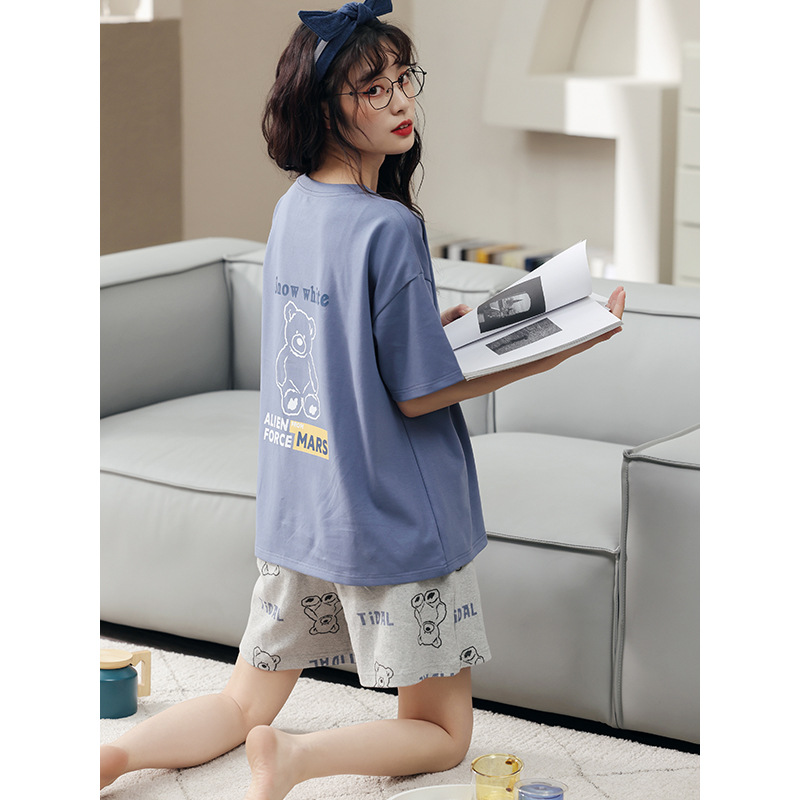 Pareja de pijamas de verano de algodón de manga corta de Internet celebridad oso lindo de dibujos animados nuevo camisón ropa de casa de las mujeres traje de verano