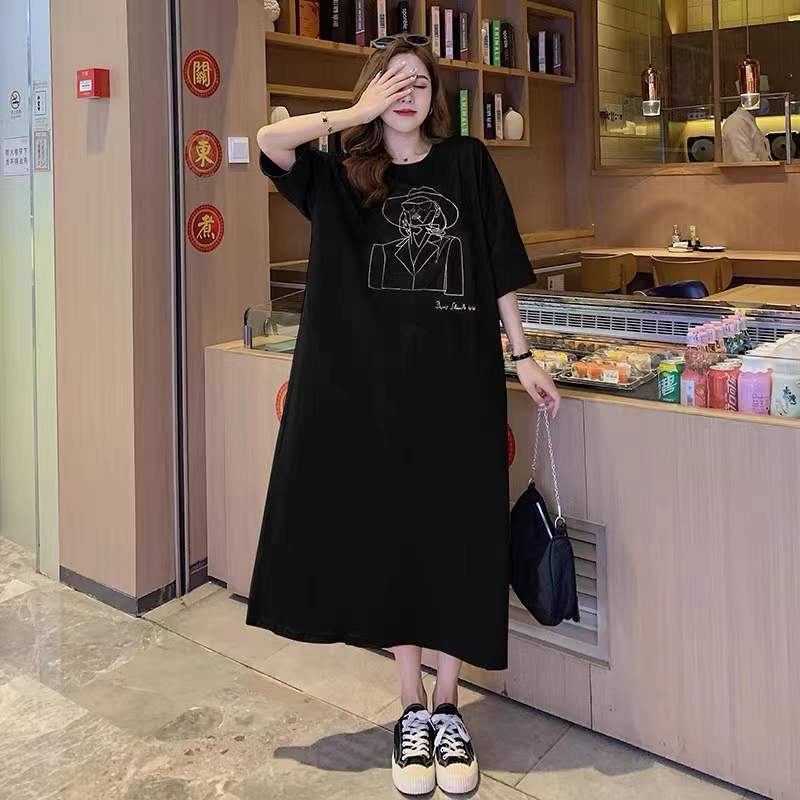 Fat mm 100kg Pajamas for Women Spring and Summer Loose Long Style Over-The-Knee Short-Sleeved Plus Size Women's Casual Home Wear for Pregnant Women