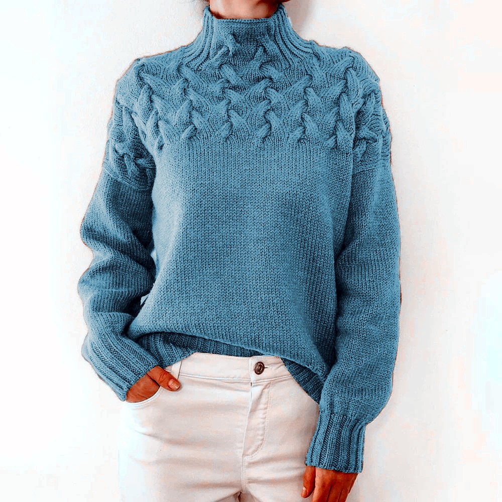Maglione a maniche lunghe con collo alto e dettagli in maglia a trecce alla moda per donna_voghion.com