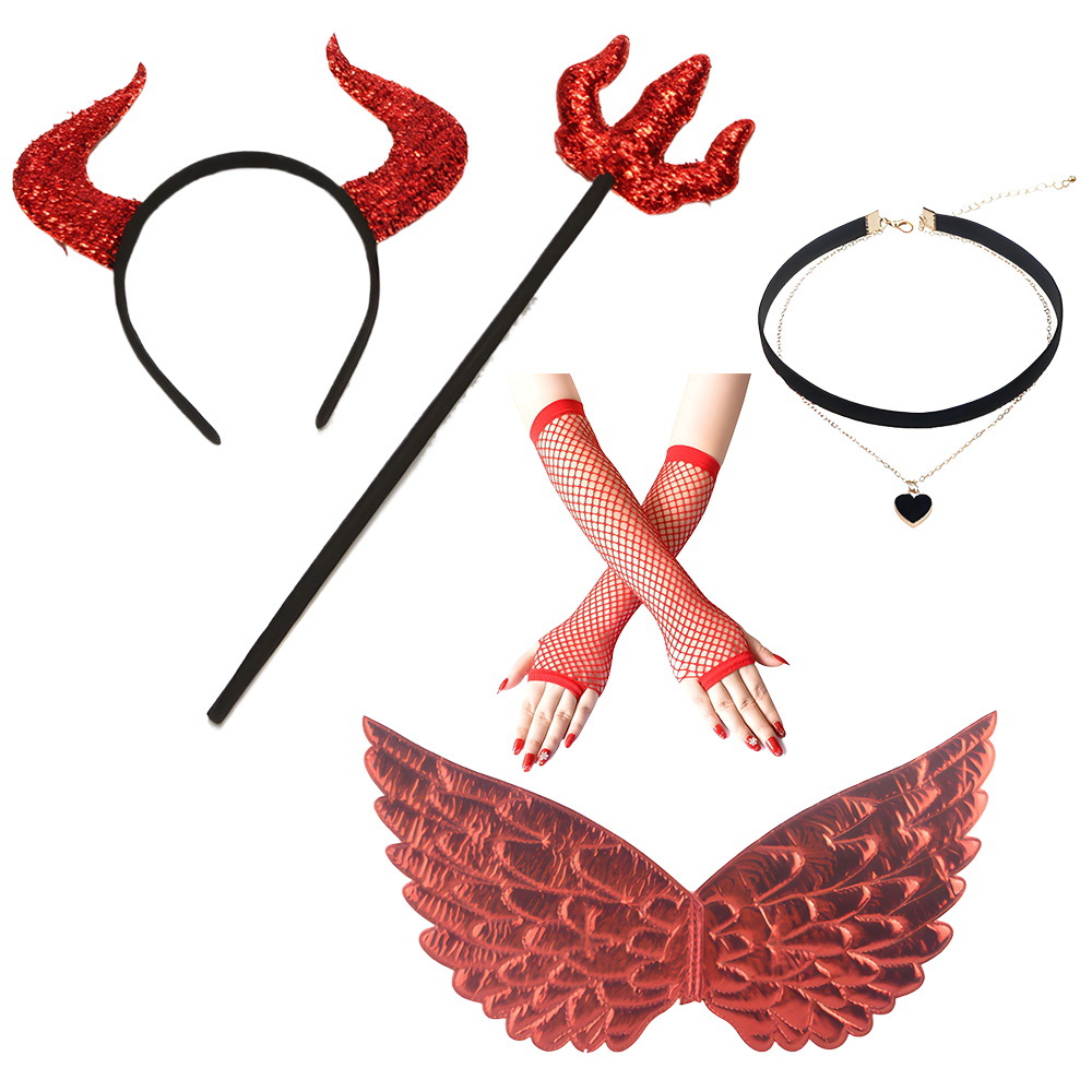 Set de Halloween para el Festival de los Fantasmas, diadema con cuernos de diablo, tridente, accesorios, alas de diablo, cola de diablo