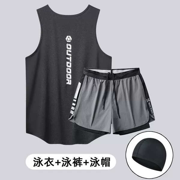 229 linen black vest + gray swimming trunks + swimming cap