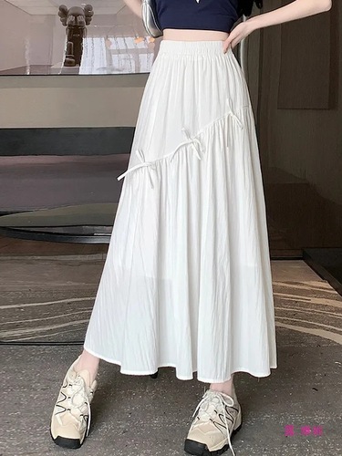 Designer Asymmetrical Bow White Women's Summer High-Waist Slimming Umbrella Skirt Elegant Medium Dress