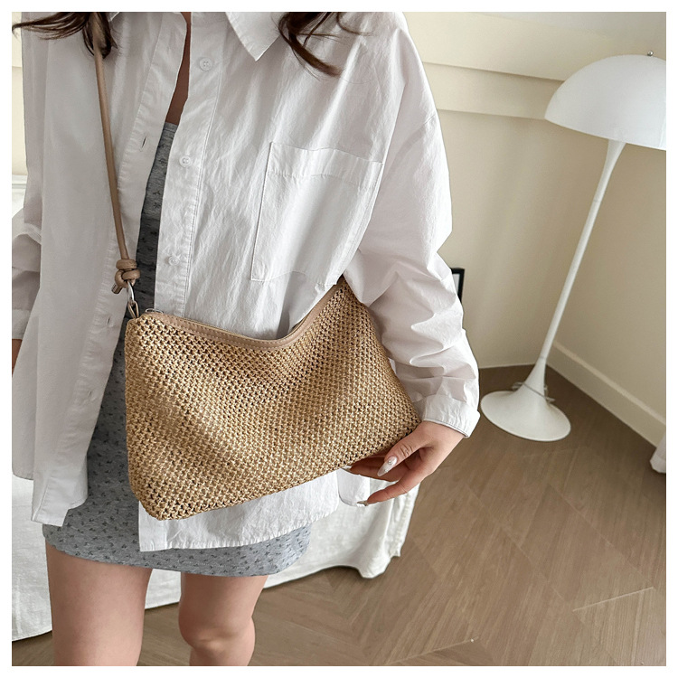 114g Weight Polyester Lining Material Weave Fashion Element Zipper Closure Type Single Shoulder Strap Strap Type Underarm Bag Bags Type Daily, Street, Shopping Occasion Straw Material New Year Festival Solid Color Pattern All Seasons Season Women's Gender Streetwear Style Square Shape Large Size Women's Large Straw Solid Color Streetwear Weave Square Zipper Underarm Bag 12