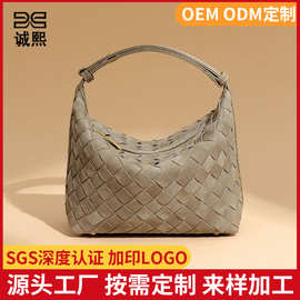 厂家定制logo贴标单肩腋下包磨砂麂皮绒手提饭盒包休闲编织包包女