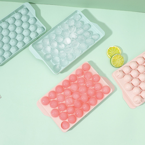 创意33格圆形冰格冰块模具塑料带盖冰球制冰器自制冰块盒冰箱冰盒