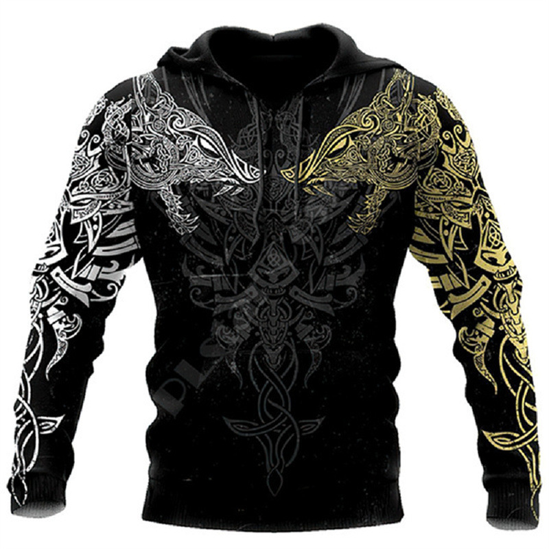 2024 Europa y América Primavera y otoño Moda nuevos hombres Viking Myth Series Cool Armor Print 3D Sudadera con capucha