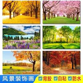 树林木森林红枫叶图片自然山水秋天风景画日光瀑布墙贴不干胶贴纸