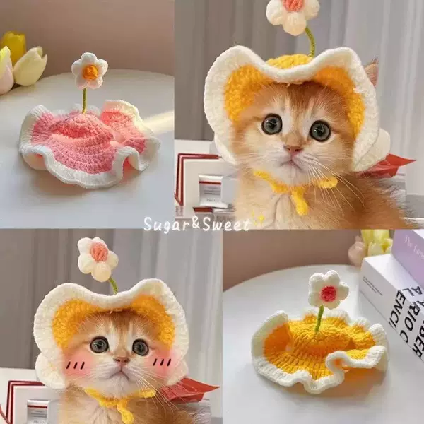 Pet Cat Hat, Spring Flower, Cute Cat Headgear, Dog Headwear, Hand-Knitted Decorations, British Short Cat