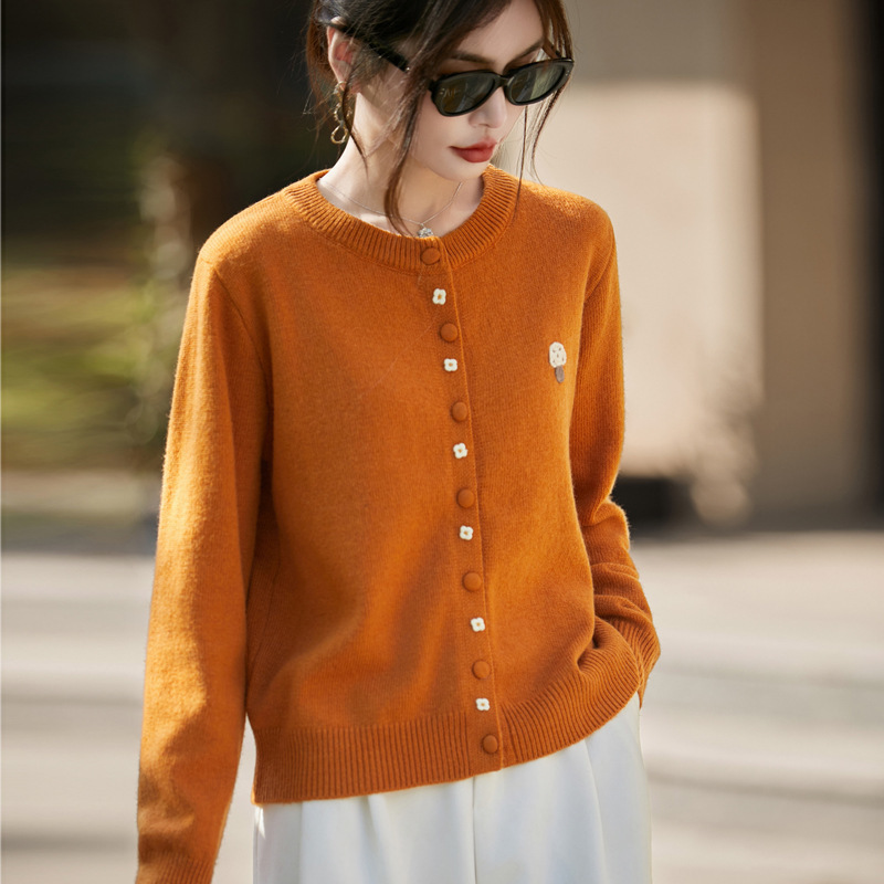 Machine-Washable Wool Knit Cardigan for Women, Autumn and Winter, Heavy Embroidery, Mushroom Round-Neck Sweater, Short Jacket, Long Sleeves
