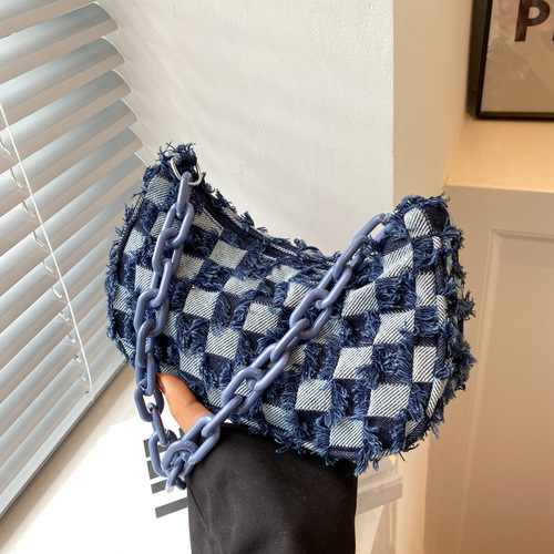 Retro messenger bag for women ins Japanese and Korean fashion simple denim canvas bag checkerboard chain portable shoulder bag trendy